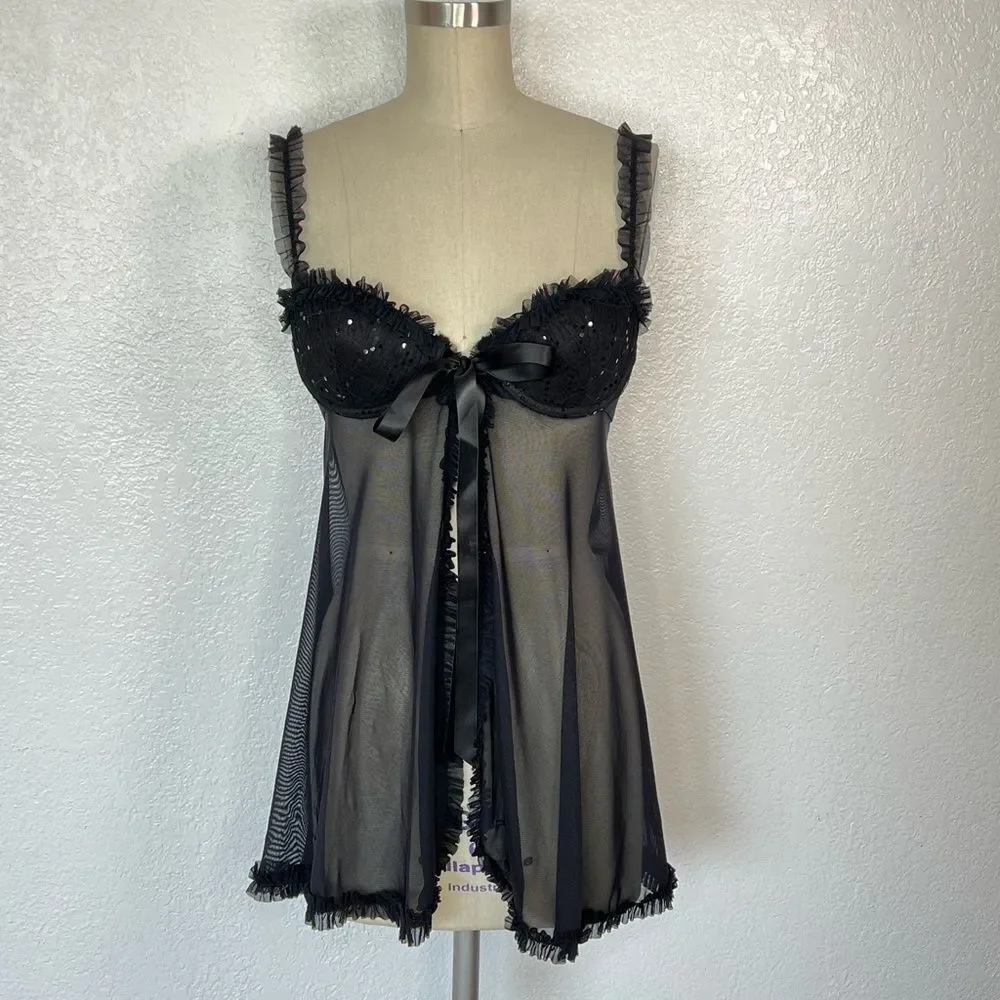 NWOT VS Victoria’s Secret black sparkle ruffle teddy Y2K mini slip dress 36B